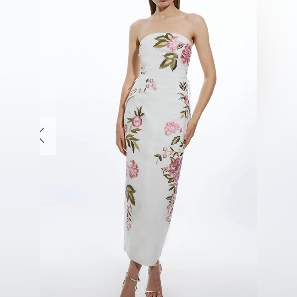 NWT Karen Millen Linen Embroidered Strapless Dress